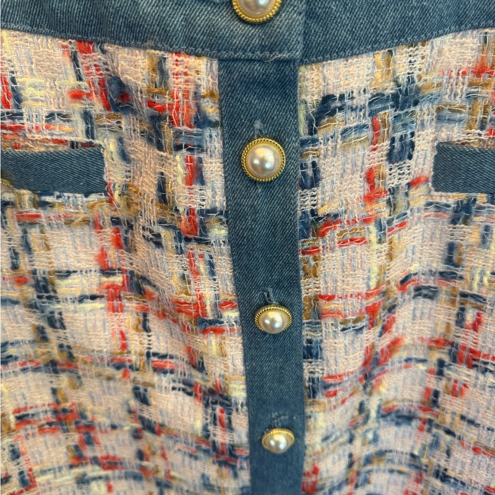 Nanette Lepore Multicolor Tweed Skirt with Blue Accents Faux Pearl Button Front - Picture 4 of 7